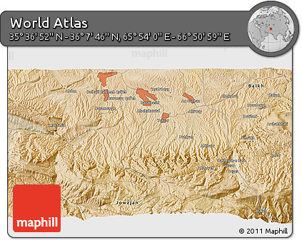 Satellite 3D Map of the Area around 35° 52' 19" N, 66° 22' 30" E