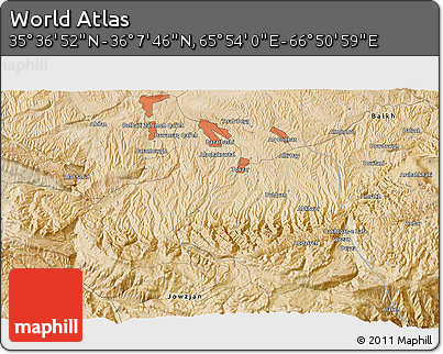Satellite 3D Map of the Area around 35° 52' 19" N, 66° 22' 30" E