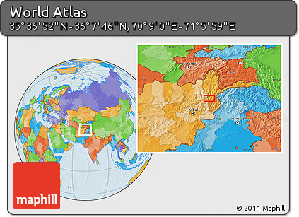 Political Location Map of the Area around 35° 52' 19" N, 70° 37' 30" E