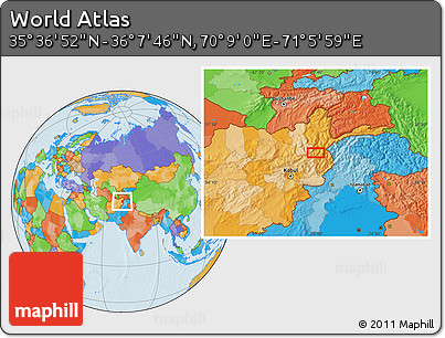 Political Location Map of the Area around 35° 52' 19" N, 70° 37' 30" E
