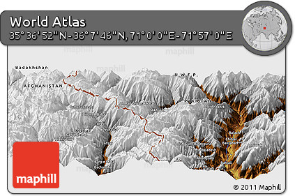 Physical Panoramic Map of the Area around 35° 52' 19" N, 71° 28' 29" E