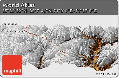 Physical Panoramic Map of the Area around 35° 52' 19" N, 71° 28' 29" E