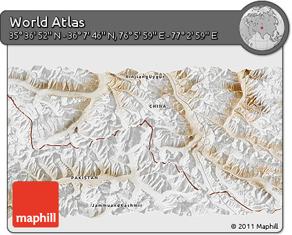 Satellite 3D Map of the Area around 35° 52' 19" N, 76° 34' 29" E