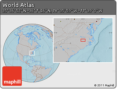 Gray Location Map of the Area around 35° 52' 19" N, 78° 7' 30" W, hill shading