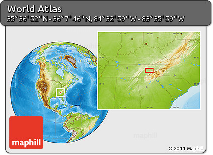 Physical Location Map of the Area around 35° 52' 19" N, 84° 4' 29" W