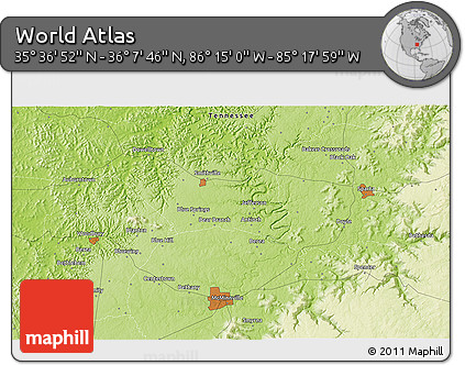 Physical 3D Map of the Area around 35° 52' 19" N, 85° 46' 30" W
