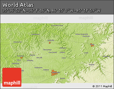 Physical 3D Map of the Area around 35° 52' 19" N, 85° 46' 30" W
