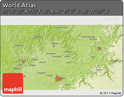 Physical 3D Map of the Area around 35° 52' 19" N, 85° 46' 30" W