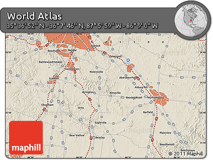 Shaded Relief Map of the Area around 35° 52' 19" N, 86° 37' 30" W