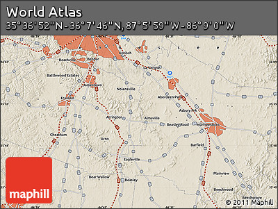 Shaded Relief Map of the Area around 35° 52' 19" N, 86° 37' 30" W