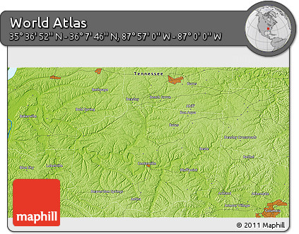 Physical 3D Map of the Area around 35° 52' 19" N, 87° 28' 29" W