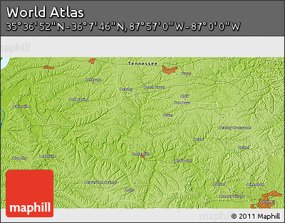 Physical 3D Map of the Area around 35° 52' 19" N, 87° 28' 29" W
