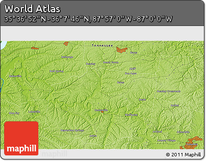 Physical 3D Map of the Area around 35° 52' 19" N, 87° 28' 29" W