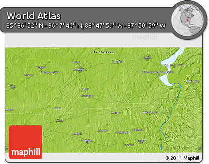 Physical 3D Map of the Area around 35° 52' 19" N, 88° 19' 29" W