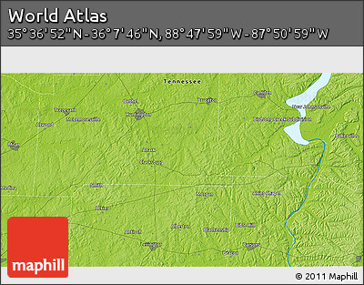 Physical 3D Map of the Area around 35° 52' 19" N, 88° 19' 29" W