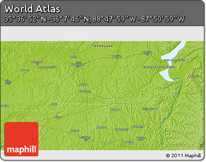 Physical 3D Map of the Area around 35° 52' 19" N, 88° 19' 29" W