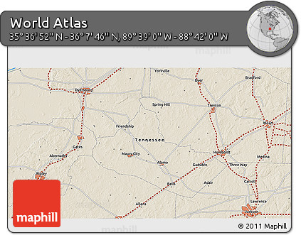 Shaded Relief 3D Map of the Area around 35° 52' 19" N, 89° 10' 30" W
