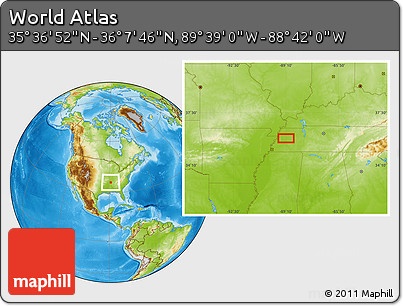 Physical Location Map of the Area around 35° 52' 19" N, 89° 10' 30" W