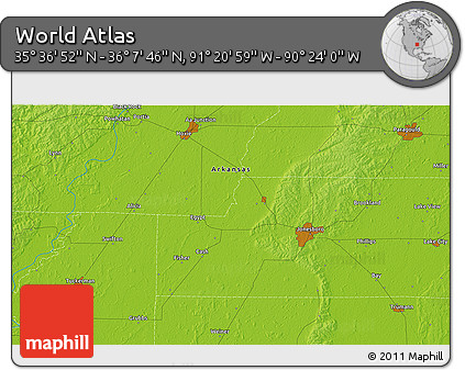 Physical 3D Map of the Area around 35° 52' 19" N, 90° 52' 30" W