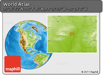 Physical Location Map of the Area around 35° 52' 19" N, 90° 52' 30" W