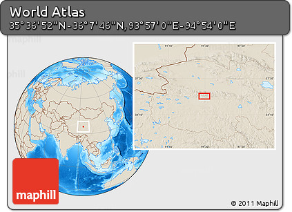 Shaded Relief Location Map of the Area around 35° 52' 19" N, 94° 25' 30" E