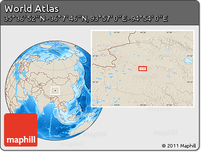Shaded Relief Location Map of the Area around 35° 52' 19" N, 94° 25' 30" E