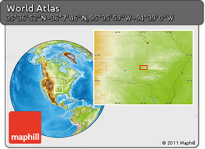 Physical Location Map of the Area around 35° 52' 19" N, 95° 7' 30" W