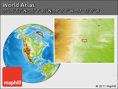 Physical Location Map of the Area around 35° 52' 19" N, 97° 40' 30" W