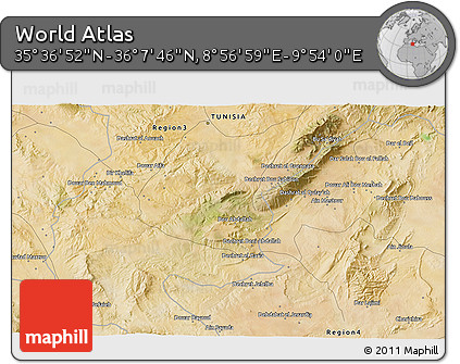 Satellite 3D Map of the Area around 35° 52' 19" N, 9° 25' 30" E