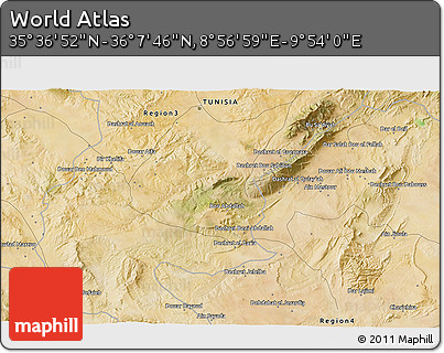 Satellite 3D Map of the Area around 35° 52' 19" N, 9° 25' 30" E