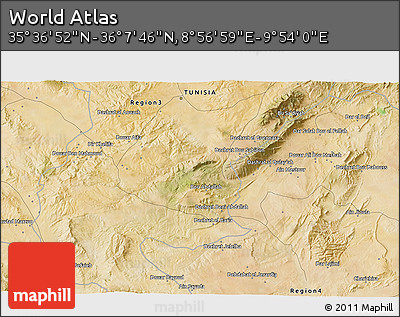 Satellite 3D Map of the Area around 35° 52' 19" N, 9° 25' 30" E