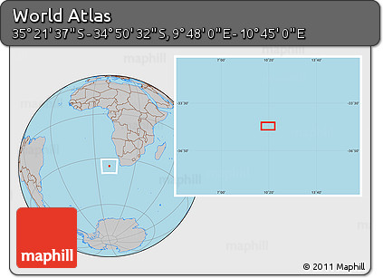 Gray Location Map of the Area around 35° 6' 5" S, 10° 16' 30" E