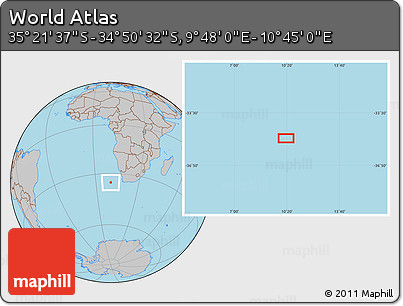Gray Location Map of the Area around 35° 6' 5" S, 10° 16' 30" E