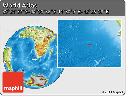 Physical Location Map of the Area around 35° 6' 5" S, 11° 58' 29" E