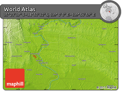 Physical Map of the Area around 35° 6' 5" S, 139° 28' 29" E