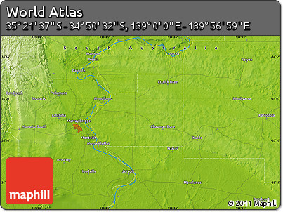 Physical Map of the Area around 35° 6' 5" S, 139° 28' 29" E