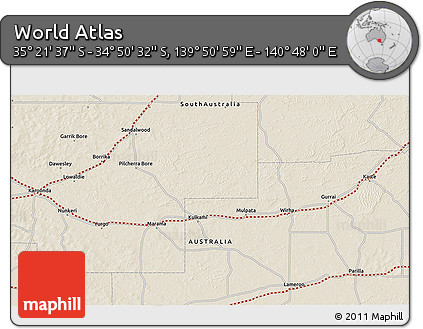 Shaded Relief 3D Map of the Area around 35° 6' 5" S, 140° 19' 29" E