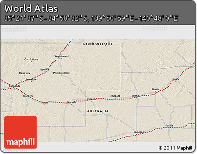 Shaded Relief 3D Map of the Area around 35° 6' 5" S, 140° 19' 29" E
