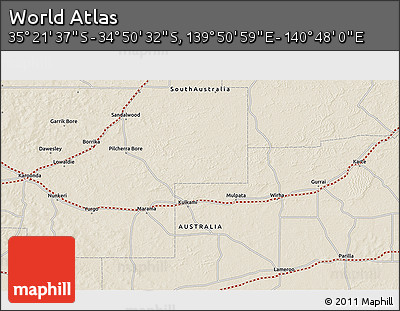 Shaded Relief 3D Map of the Area around 35° 6' 5" S, 140° 19' 29" E
