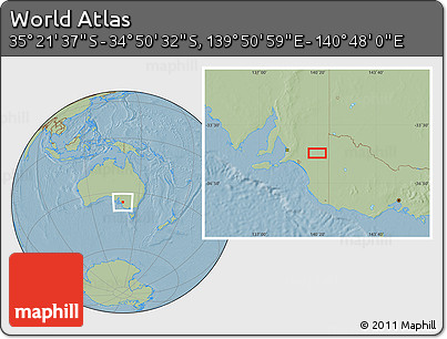 Savanna Style Location Map of the Area around 35° 6' 5" S, 140° 19' 29" E, hill shading