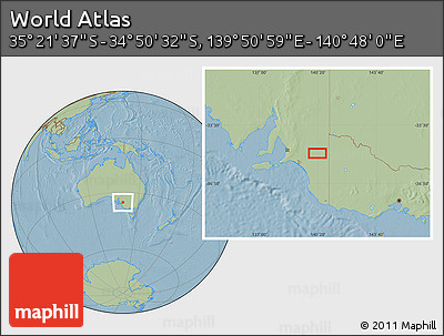 Savanna Style Location Map of the Area around 35° 6' 5" S, 140° 19' 29" E, hill shading