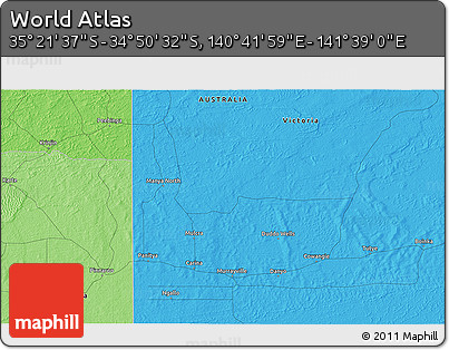 Political 3D Map of the Area around 35° 6' 5" S, 141° 10' 30" E