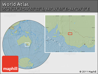 Savanna Style Location Map of the Area around 35° 6' 5" S, 141° 10' 30" E, hill shading