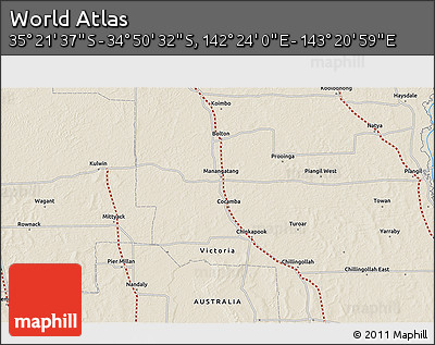 Shaded Relief 3D Map of the Area around 35° 6' 5" S, 142° 52' 30" E
