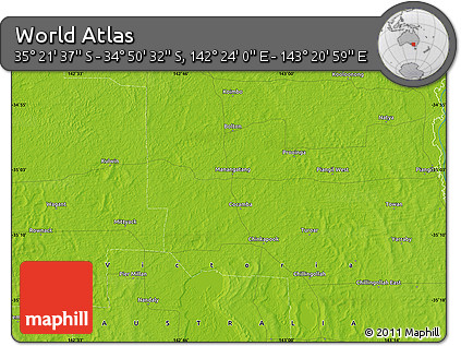 Physical Map of the Area around 35° 6' 5" S, 142° 52' 30" E