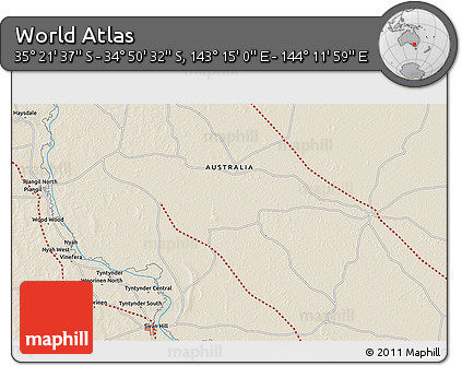 Shaded Relief 3D Map of the Area around 35° 6' 5" S, 143° 43' 29" E