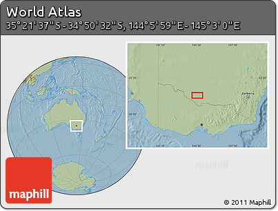 Savanna Style Location Map of the Area around 35° 6' 5" S, 144° 34' 29" E, hill shading