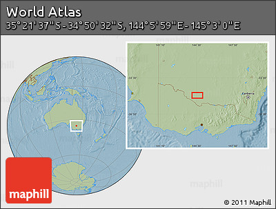 Savanna Style Location Map of the Area around 35° 6' 5" S, 144° 34' 29" E, hill shading