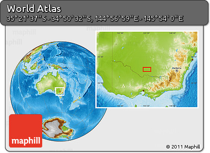 Physical Location Map of the Area around 35° 6' 5" S, 145° 25' 30" E