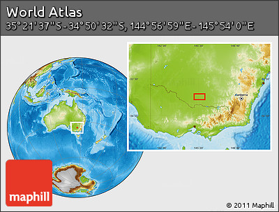Physical Location Map of the Area around 35° 6' 5" S, 145° 25' 30" E